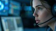 © ChimE - Professional female dispatcher assisting a client remotely using handsfree headset in online video or audio call.