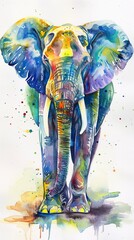 Wall Mural - elephant watercolor portrait, multicolored paints on a white background 