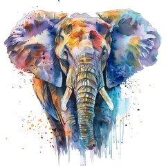 Wall Mural - elephant watercolor portrait, multicolored paints on a white background 