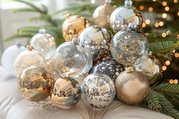 Sticker - Shimmering gold and silver Christmas ornaments displayed on a couch, Delicate glass baubles in shimmering shades of gold and silver