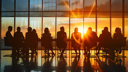 Poster - Office team meeting, silhouettes of company employees and coworkers sitting around the table and discussing business topics, corporation colleagues talking about success in economy in the future