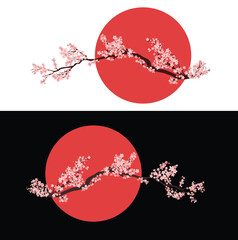 Wall Mural - traditional japanese red sun and long horizontal blooming sakura tree branch vector design set