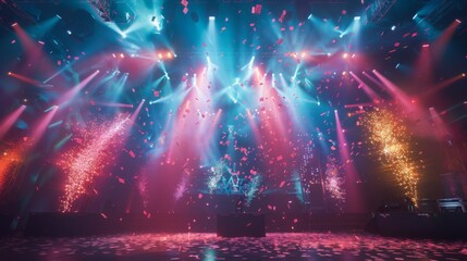 Poster - Confetti falls on a brightly lit stage as part of a concert or other performance.