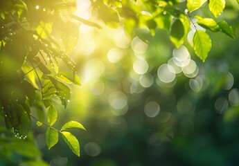 Wall Mural - sunlit green leaves bokeh background