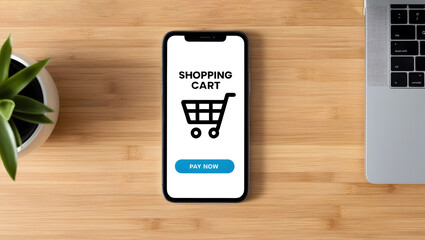 Modern smartphone displaying shopping cart and pay now page on an e-commerce platform. Digital business and online retail concept background, banner