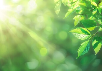 Wall Mural - sun rays through green leaves copy space