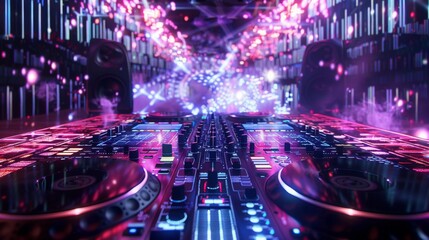Poster - A close-up view of a DJ mixer in a nightclub, with a vibrant neon backdrop and bright lights illuminating the equipment.