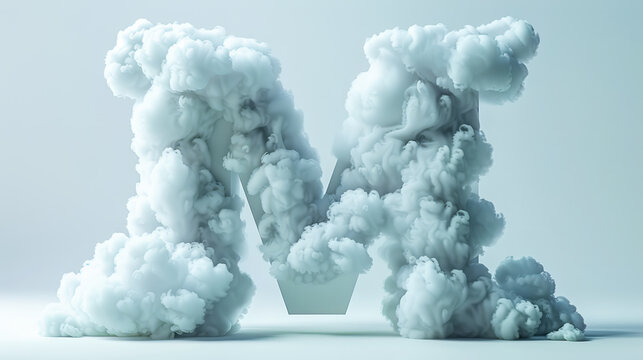 Capital letter M made of clouds or soft cotton. Fluffy airy style. Scrapbook activity. Generative AI