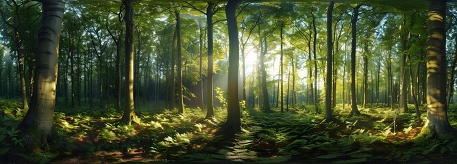 Canvas Print - Sunlit Forest Panoramic View with Tall Trees