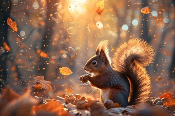 Canvas Print - A squirrel is sitting among autumn leaves in the woods, surrounded by the golden colors of fall, Delightful squirrel gathering acorns in a golden forest