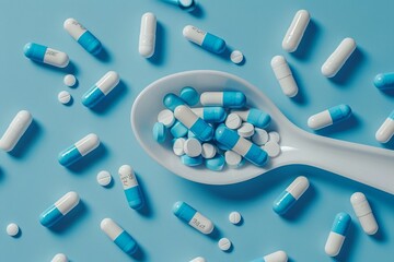 Blue and white capsules with spoon