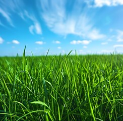 Sticker - Green Grass Field with Blue Sky Background