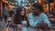 © Iuliia Metkalova - Romantic Evening Date in Outdoor Cafe with Romantic multiracial Couple Enjoying Coffee Outdoor. Generative ai