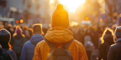 Canvas Print - A person in an orange jacket and beanie walking through an urban crowd at sunset. Concept Urban Landscape, Sunset Silhouette, Orange Outfit, Busy Street Crowd, Evening Mood