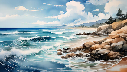 Wall Mural - Watercolor painting of calm ocean with gentle waves. Natural landscape. Sea shore. Hand drawn art.