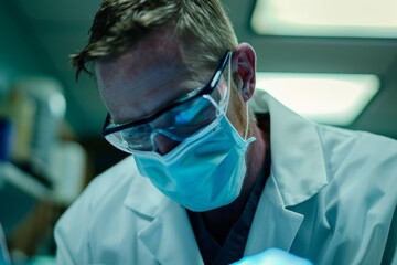 Poster - A man in a lab coat and protective eyewear is examining a sample through a microscope in a laboratory, Dentist in a lab coat and protective eyewear