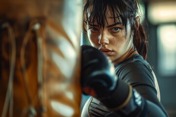 A woman in athletic wear throws a strong punch at a heavy bag during MMA training. Sweat drips, revealing her dedication and strength