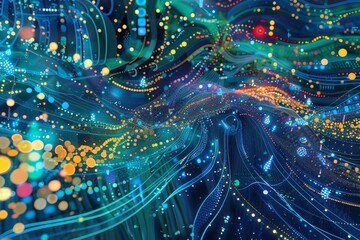 Aufkleber - Abstract depiction of a complex network of interconnected lights and lines, Depict a digital ecosystem where information flows freely and endlessly