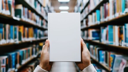 hands holding book with blank white cover in library, mockup for book cover design