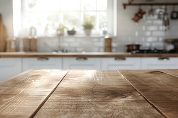 Poster - A low-angle view of an empty wooden dining table with a modern kitchen in the background. Sunlight streams through the window, illuminating the table's surface