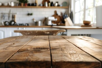 Poster - A low angle shot of an empty wooden dining table in a bright kitchen