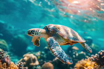 Wall Mural - Sea Turtle life underwater with colorful coral reef sea, Maldives Indian Ocean coral reef.