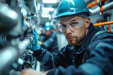 An engineer wearing safety gear and a hard hat, focused on adjusting machinery in an industrial setting, representing precision and technical expertise in his work.