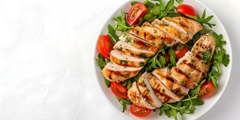 Wall Mural - Keto-Friendly Chicken Fillet Salad Top View on White Background. Concept Food Photography, Keto Diet, Chicken Recipes, Salad Presentation, White Background