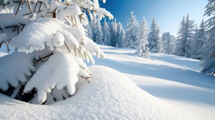 Wall Mural - A close-up of snow-covered fir tree branches set against a sunny winter background, highlighting the detailed texture of the snow and the serene beauty of the scene.