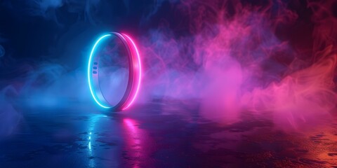 Poster - futuristic fitness tracker with glowing activity rings on neon background