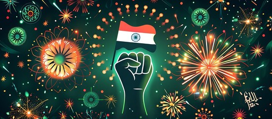 An eye-catching greeting card for Pakistan's Independence Day, with the flag in a closed fist surrounded by bright fireworks and traditional symbols, celebrating freedom and resilience.