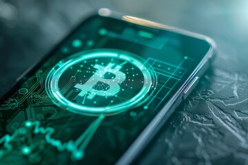 Aufkleber - A smartphone screen displays a digital representation of the Bitcoin symbol, glowing in a vibrant green. The phone is resting on a dark textured surface