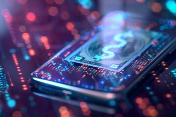 Poster - A smartphone screen displaying a futuristic digital wallet app with a glowing dollar symbol overlaying a US dollar bill