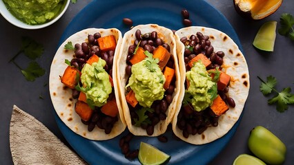 Homemade vegan tacos with black beans, sweet potato and guacamole and tortillas flatbread