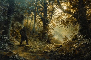 Wall Mural - A man quietly walking through a forest with trees and foliage surrounding him, Depict a scene of a hunter silently tracking their prey through the forest