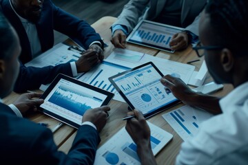 Aufkleber - a diverse team of business professionals collaborate around a table, analyzing data on tablets and c