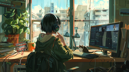 lofi or lo-fi style background, girl sit at the desk while watching city outside the window, listening music with headphone, japanese cozy vibe, lo fi background