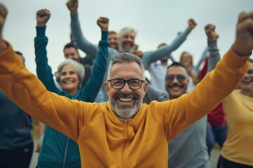 A Group of Middle-Aged Individuals Celebrates a Fitness Milestone Under an Overcast Sky