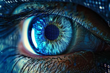 Poster - Close-up view of a womans eye against a blue backdrop, Depict the abstraction of online surveillance and its implications for privacy rights
