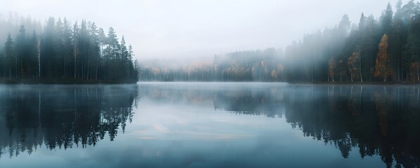 Wall Mural - Misty Finnish Lake at Dawn with Reflections