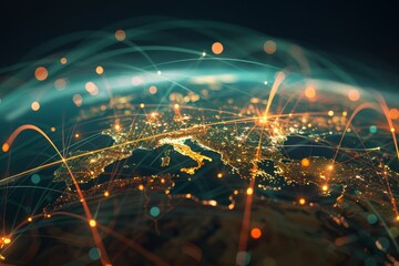 Poster - a globe with a network of lines representing interconnected global economy and communication systems