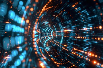 Poster - A tunnel illuminated by contrasting blue and orange lights creates an abstract visual composition, Depict the impact of a data breach on customer trust and brand reputation