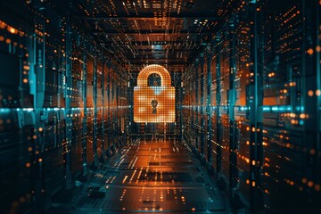 Wall Mural - A sturdy padlock secures sensitive data in a data center rack, emphasizing the importance of data protection, Depicting the importance of data anonymization in preserving user confidentiality