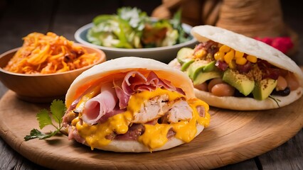 traditional food in colombia or venezuela named arepa made with corn meal cheese, chicken maize and ham avocado corn and beans