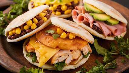 traditional food in colombia or venezuela named arepa made with corn meal cheese, chicken maize and ham avocado corn and beans