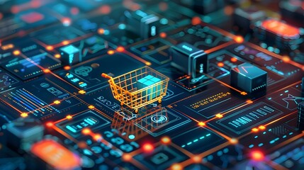 Poster - vibrant cyberpunk inspired digital marketplace with online transactions on various devices