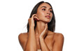 © master1305 - Face building massage. Portrait of beautiful young woman with perfect face lines, tanned spotless skin isolated on white background. Female beauty, skin and body care, cosmetology, cosmetics concept