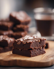 classic american brownies with a fudgy center, served on a wooden board
