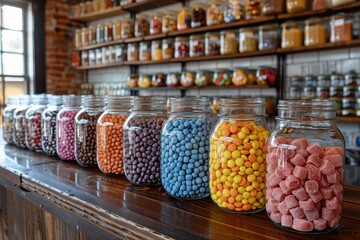 Wall Mural - A vibrant candy store display with jars filled with different types of candies, including licorice, gumdrops, and taffy.