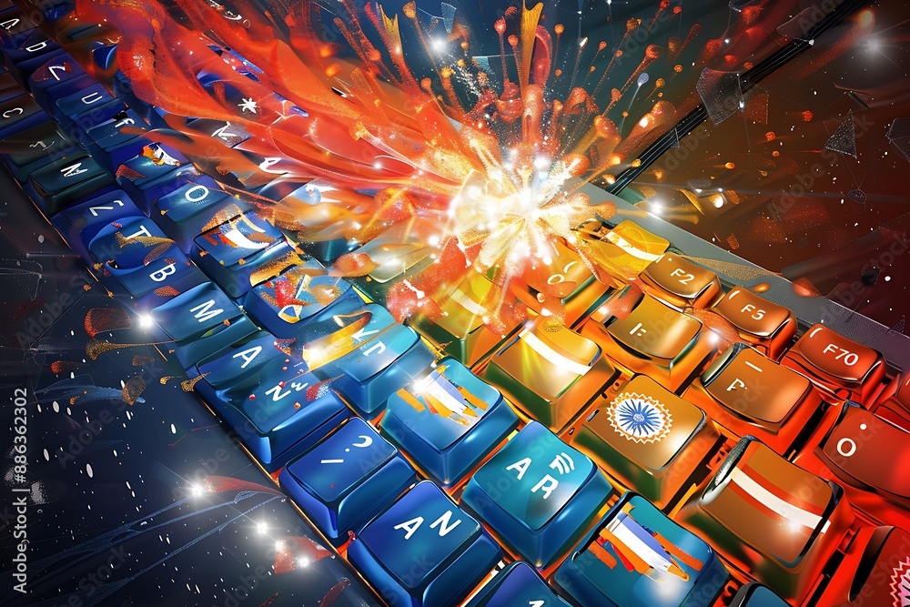 A keyboard with keys in the colors of the Indian flag, surrounded by a ...